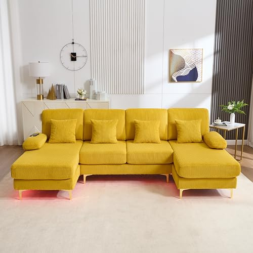 Oxtao Modernes U-Sofa mit LED Ambientebeleuchtung & der USB-C-Port Massivholzrahmen, 4 luxuriöse Kissen & ergonomische Premium Rückenlehne, Samt (Gelb)