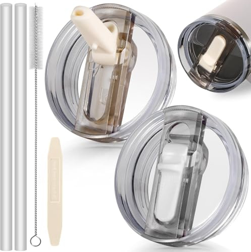 ROMANVIC Stanley Cup Tapa a prueba de fugas, 2 tapas de repuesto extraíbles para vasos de 40 oz con 2 pajitas, 1 cepillo para pajita y 1 herramienta de desmontaje, tapa reutilizable Stanley Cup