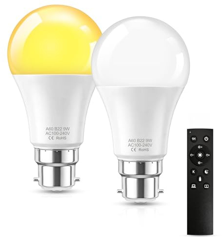 SCNNC A19 B22 Remote Control Light Bulb 9W 3 Colours Stepless Dimmable, 60W Incandescent Equivalent B22 LED Bulb with Remote Control Timer & Memory Function, 2 Bulbs & 1 Remote