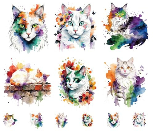 SUPERDANT 12 Stücke Wasserfarbe Katze Bügelbilder DIY Deko für Kleidung | 12 Stück,Wärmeübertragung Aufkleber,Heißpresse Patches,Applikation Für T-Shirts,Kissen,Leinentaschen,Textil Bastelzubehör