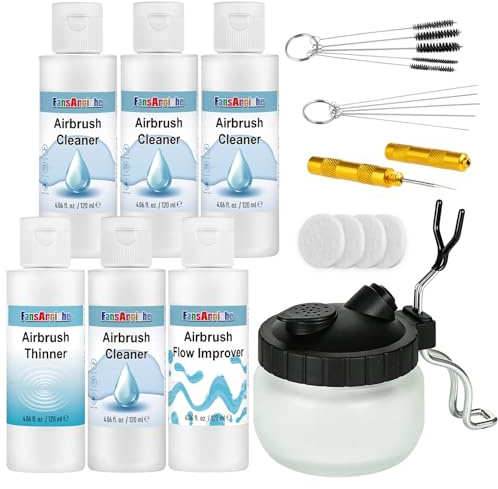 FansArriche Airbrush Cleaning Kit, 120 ml x 6 Bottles | 4 Airbrush Cleaner, 1 Thinner, 1 Airbrush Flow Improver & Airbrush Cleaning Pot, for Water-Based and Acrylic Paints