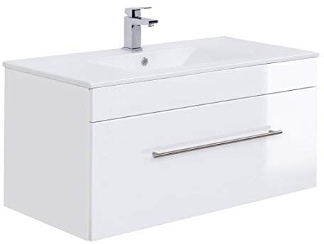 Posseik Badmöbelserie VIVA 100 Waschplatz, Weiß Hochglanz + Weiß, Waschtisch 100 cm breit Keramik Waschbecken