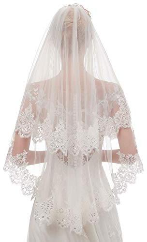 EllieHouse Damen Kurz 2 Tier Spitze Hochzeit Brautschleier mit Kamm L24, Weiß 4 & Pailletten Spitze, 2 Jahre