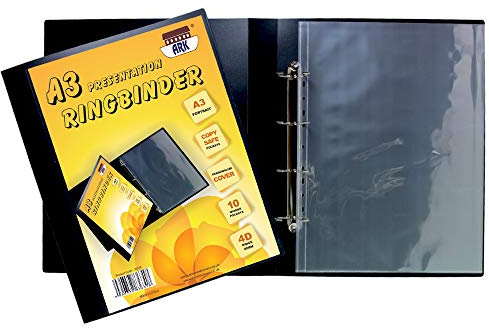 ARK A3 Deluxe Portrait 4-D Ring Binder Folder File Art Black Presentation Portfolio + 10 Sleeves (Black)