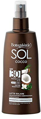 Bottega Verde - Sonnenmilch SOL Cocco LSF 30, 200 ml, mit Kokosmilch, Karotten- und Papaya-Extrakt, schützt und intensiviert die Bräunung, ultra-flüssige Textur, wasserfest