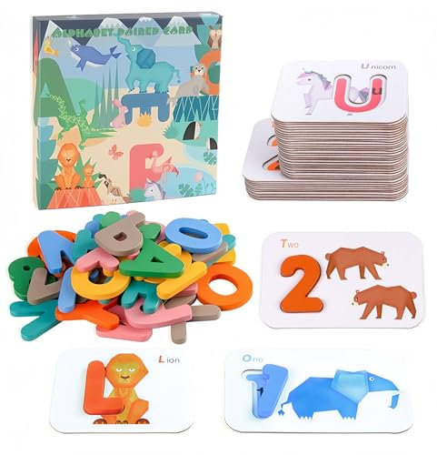 KanCai Rechtschreibung Lernspielzeug Holz ABC Alphabet 1-10 Nummern Karteikarten Matching Shape Letter Games Montessori Vorschule Lerngeschenk Spielzeug für 2 3 4 5 6 Jahren Kleinkinder Kinder