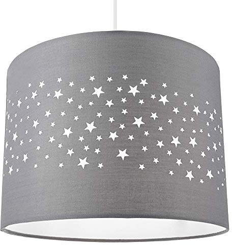 Stars Decorated Childrens/Kids Soft Grey Cotton Bedroom Pendant or Lamp Shade Creates Stunning Effect Against the Wall | 25cm Diameter | 60w Maximum by Happy Homewares