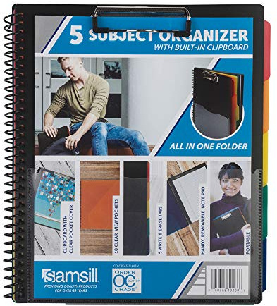 Samsill Organiseur scolaire à spirale 5 sujets avec porte-bloc et bloc-notes amovible, dossier tout-en-un, 5 intercalaires avec 10 poches, dossier multi-poches et porte-documents