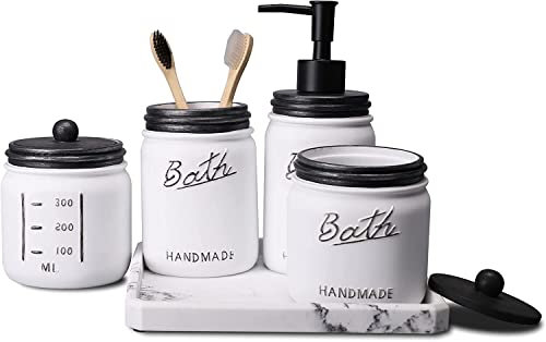 LKKL Mason Jar Badezimmer Zubehör Set 5 Stück Badezimmer Gläser Komplettset mit Seifenspender Zahnbürstenhalter Schminktisch Tablett, 2 Baumwollglas Organizer Rustikale Bauernhaus Dekoration - Schwarz