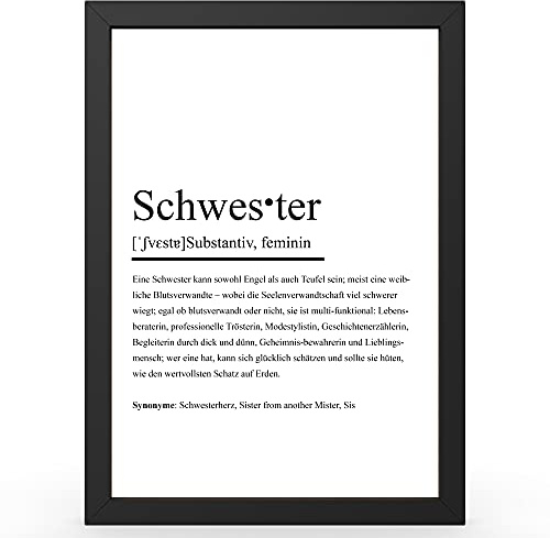 Urhome DIN A4 Kunstdruck Definition Schwester inkl. Rahmen - Worterklärung wie im Duden Lexikon als Wanddeko Spruch-Poster Deko Wandbild mit Spruch gerahmt für Wohnung Familie Geschenk