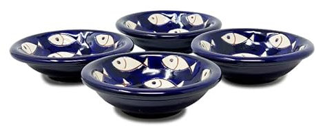 Verano Spanish Ceramics Signature Blue & White Fish Decorative Serving Dishes Mini Tapas Bowls - Set of 4 White Fish