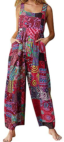 Acrawnni Women's Dungarees Vintage Floral Printed Loose Casual Baggy Sleeveless Overall Long Jumpsuit Playsuit Trousers Pants Romper