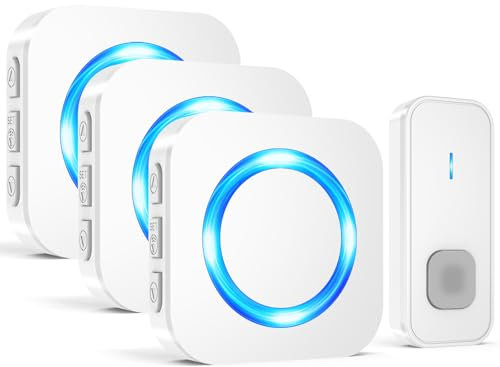 SURFOU Wireless Doorbell, Waterproof Cordless Remote Door Bells Chime Battery Operated Over 1300ft Range Doorbells Kit with 1 Push Button 3 Plug-in Receivers, 55 Ringtones 5 Volume LED Flash, White