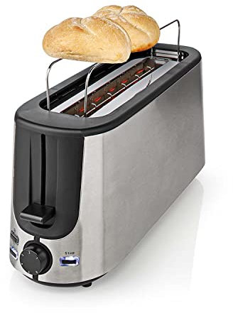 Ex-Pro Long Slot Toaster, Long Slice or 2 Slice Stainless Steel Toaster with Bun Warming Rack, 6 Browning Levels, Removeable Crumb Tray, Defrost and Reheat, 1000W