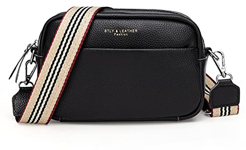 DKIIL NOIYB Crossbody Bag for Women, Small Genuine Leather Women's Cross-body Bags White Crossbody Camera Bag Removable Wide Strap Shoulder Bag Purse, Black, 22