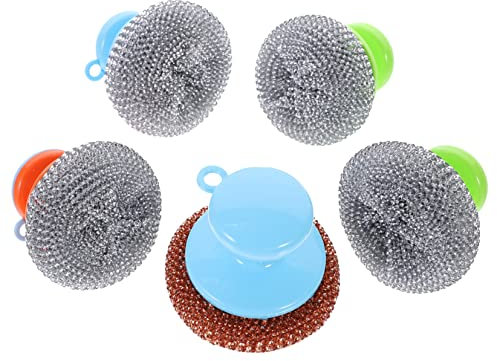 UPKOCH 5 Sets Wire Brush Handle Grill Cleaner Tool Cleaning Scrubber Household Tools Steel Wool Brush Scrub Pot Scourers Steel Dish Scrubber Kitchen Cleaning Brush Dish Brush Metal Sponge