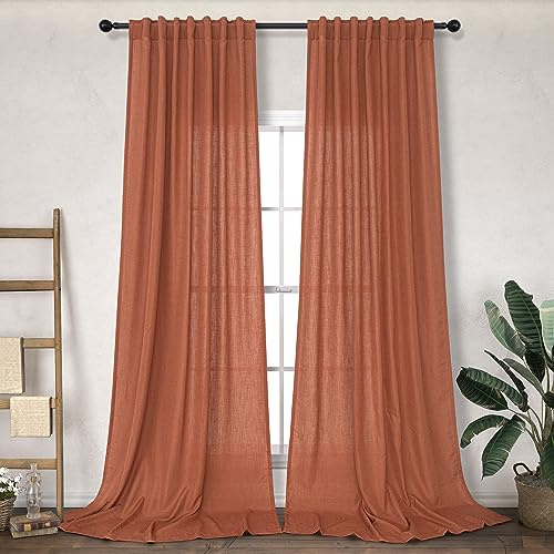 Terrakotta Lange Vorhänge 274 cm Länge für Wohnzimmer 2 Paneele Set Hinterschleife/Stabtasche Leichte Halbdurchscheinende Leinen Rostfarbe Vorhang für Schlafzimmer Terrassentür Herbst Boho Cottage