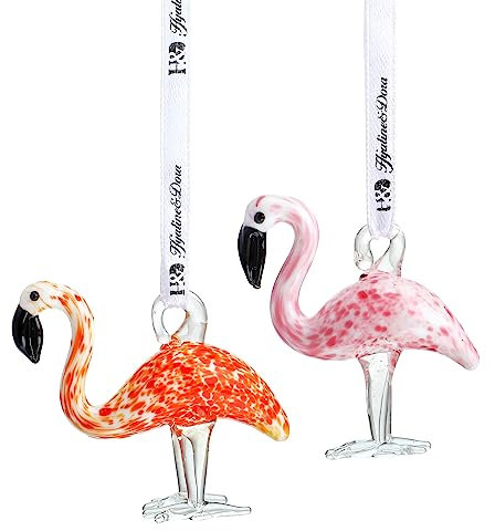 Set mit 2 Flamingos aus Glas, mundgeblasen, rosa Flamingo, Kunstglasvögel, Tierfiguren, Haus, Garten, Flamingo, hängende Dekoration (6,3 cm, rosa und rot) für Geschenke