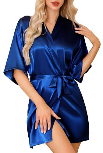 Lovasy Women's Satin Robe Summer Silk Dressing Gown for Women UK Short Kimono Dressing Gowns Bridesmaid Bride Party Silk Robes,Dark Blue,M