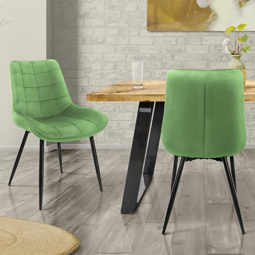 ML-Design Lot 2X Chaises de Salle à Manger Vert Sauge, Style Moderne/Retro, Dossier/Accoudoirs Rembourrée Aspect Velours, Pieds en Métal Noir, Chaise Ergonomique, Fauteuil Deco de Salon, Chambre