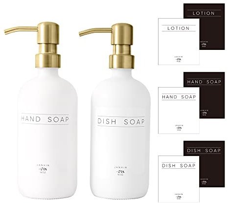 Janxin Seifenspender aus Glas, 2 Stück, Seifenspender für Küchenspüle mit Pumpe, Geschirrseife, Lotion (Weiße Flaschen+Goldene Pumpen)