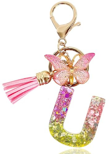 Yanmucy Buchstaben Schlüsselanhänger Mädchen Ringe Lila Niedlich Schlüsselanhänger Glitzer mit Schmetterling Quasten Harz Keychain Aesthetic für Tasche Charme Frauen Mädchen Tasche Dec (U)