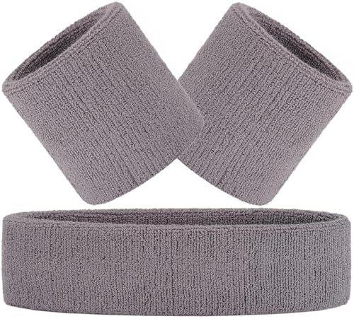 Hatstar 3-teiliges Schweißband Set | 1x Stirnband + 2X Schweißbänder für Handgelenke | Sport Stirnband Damen & Herren | Accessoire für Karneval & Fasching | Headband Wristband für Jugendliche (grau)