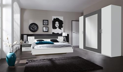 möbelando Komplettschlafzimmer >Angie< in Weiss + Graphit - 499x208x210cm (BxHxT)