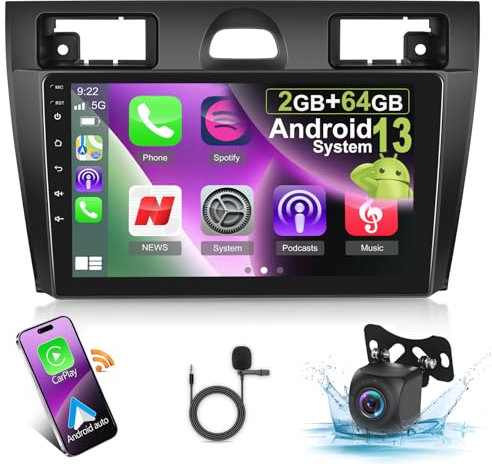 [2G+64G] Car Radio for Ford Fiesta Mk5 2002-2008, Android 13 Touch Screen Fiesta Stereo, Apple Carplay/Android Auto/EQ Audio/SWC +AHD Backup Camera