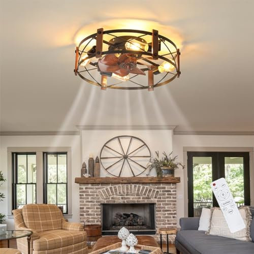 CNMKLM Ceiling Fan with Light, Industrial Style, Black with Wooden Elements, 53cm, 4xE27, Remote Control, Living Room