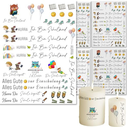 Bolosa® 4 Stück Kerzentattoos,Kerzentattoos Einschulung, Wasserschiebefolie, Schuleinführung Schulanfang Deko, Kerzensticker,Einschulung Schuleinführung, Kerzen Dekorieren (Einschulung12)