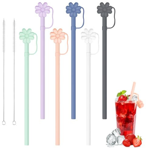 LAGAHS 6 Pack Silicone Straws with Flower Straw Cover, 12 inch Reusable Stanley Straw with Cleaning Brush, Compatible with Stanley 40 oz 30 oz Cup Tumbler, Cute Stanley Cup Accessories