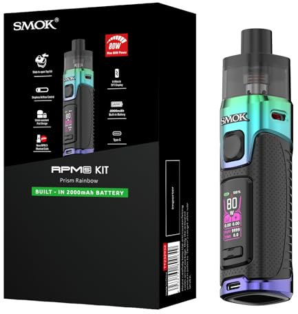 SMOK RPM 5 Kit Transparenz Verifiziert Pod Mod Vape Kit 2000mAh 5W bis 80W Leistung Einstellbarer Luftstrom 6.5ml Pod Top-Fill Typ-C Laden Kompatibel mit RPM 3 Coils Ohne Nikotin (Prism Rainbow)