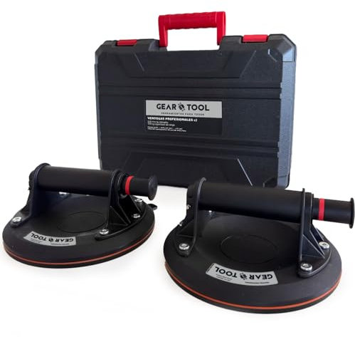 GearTool - 2 Ventosas para Azulejos con Maletín | Diámetro 20 cm y Carga Máxima 260 kg | Ventosa para Cristal Profesional, Ventosa para Elevar y Transportar Mármol, Vidrio, Muebles