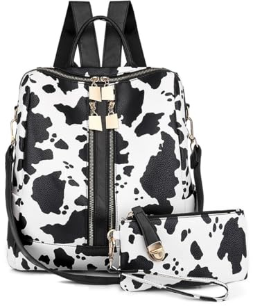 SONARIN Mode Rucksack Tasche Damen,Wasserdicht PU Damen Rucksack mit Geldbeutel Cityrucksack Casual Daypack Schultasche Reise-Rucksack Convertible Handtasche Umhängetasche(Kuh Weiß)