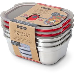 BLACK + BLUM - Lot de 3 Boîtes Repas Hermétiques - Inox Compatible Micro-Onde, Lave-Vaisselle, Four et Congélateur - Couvercle Sécurisé - 3 x 600 ml - Gris/Rouge