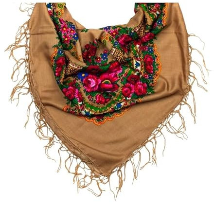 Folk Schal mit Polen Traditionelle Folklore Designs Hals Stirnband Fransen Souvenir aus Polen (Beige, Big (110 x 110 cm)), Beige, Big (110 x 110 cm)