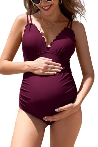 SHEKINI Frauen Muschel Trim V-Ausschnitt Mutterschaft Einteiliger Badeanzug Bowknot Zurück Schwangerschaft Badeanzug (M, Lila)