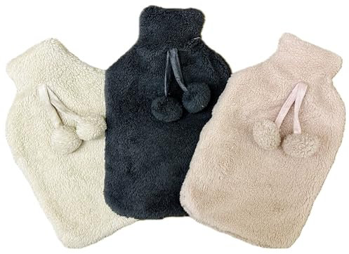 Pack of 3 Hot Water Bottles - Natural Rubber 2 Litre Capacity - 3 Colours in Pack | Classic Premium Hot Water Bottle, for Hot and Cold Therapy, Pain Relief, Sore Muscles (with Cosy Cover - Set D)