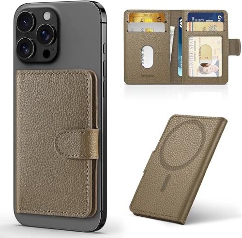 SHIELDON Genuine Leather Magnetic Closure Card Holder - RFID Blocking, 6 Card Slots, ID Window, Slim Front Pocket Wallet Compatible with iPhone 16 Pro/Max/Plus, 15/14/13/12 Series - Pebbled Khaki