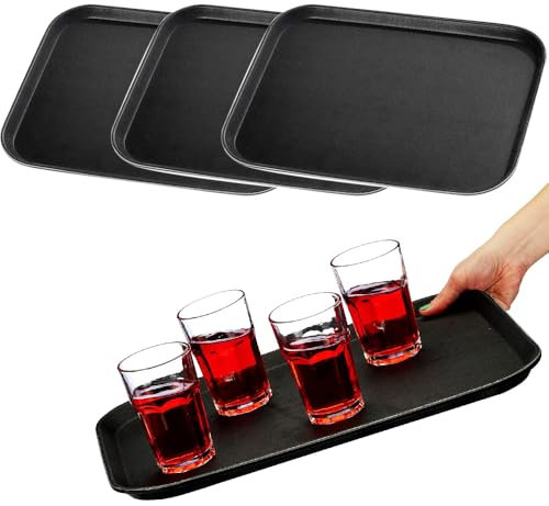 Paluplus 4 Vassoi Rettangolari da Portata Antiscivolo di colore NERO, Misura 40x30x2 cm, Vassoio Impilabile e Infrangibile con Rivestimento Gommato, per Bar, Ristoranti, Fai da te -6848F