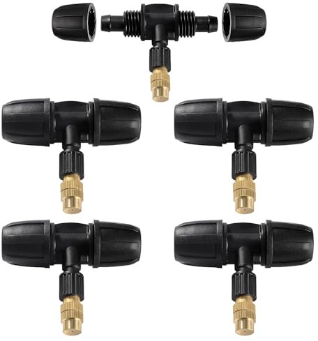 VooGenzek 5 Pezzi Ugelli Atomizzatori a Tre Vie per Tubo 8/12 mm, Ugelli Nebulizzatori Regolabili in Ottone con Connettori a T Spinati, Emettitori di Irrigazione a Spruzzo, per Prato, Giardin