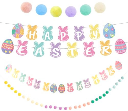 EHRBGK Frohe Ostern Banner Ostern Dekorationen Ostereier Hase Hängende Dekoration und 30 Stück makronenfarbenen Wollkugeln für Haus Schule Büro