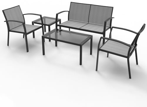 RANSENERS Premium 5tlg-Set Gartenmöbelset - Sofagarnitur mit Metallrahmen und Polyrattan Sitzfläche für Garten Terrasse und Balkon - Grau