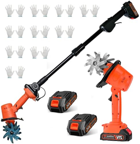 21V Cordless Mini Tiller Cultivator, 235 RPM Electric Garden Rotavator with 2 Battery & 10 Gloves, 10cm Tilling Width,10cm Working Depth with 4 Rows Tines, Hand-Held Micro Tiller Weeding Machine
