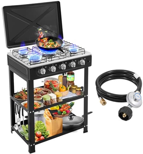 Fornello da campeggio a propano, 5 fuochi, nero, fornello a gas indipendente, 5 fiamme, accensione manuale, di alta qualità, portatile, per esterni, campeggio, camper