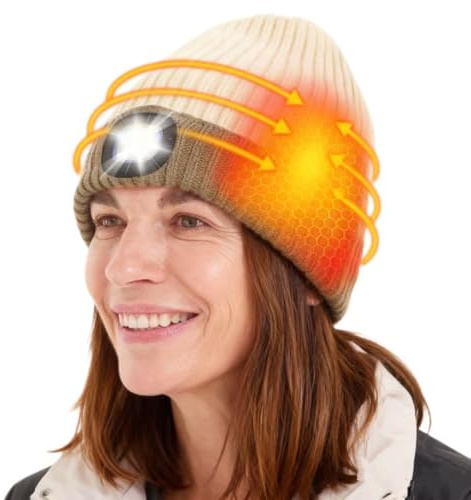 WOOMER Beheizbare Mütze & Beanie mit Abnehmbarer LED-Taschenlampe, 3 Heizstufen, 5V 4000mAh Akku (5-8 Std) - Beheizte Beanie für Herren & Damen - Heizmütze für Nachtwandern Jagen Angeln Wintercamping