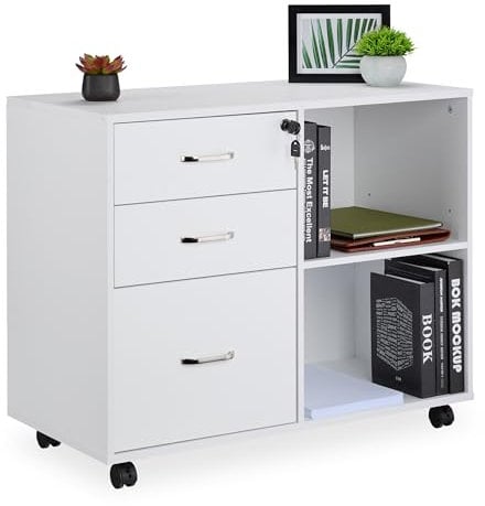 Relaxdays Caisson à roulettes, 3 tiroirs, 2 Compartiments, H x l x P : 66 x 80 x 40 cm, Meuble verrouillable, Blanc