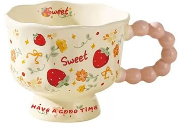 Huiyiwert süße Kaffeetasse Porzellan Kaffeebecher mit Henkel Blumenmuster Kakaobecher Obst Muster Kreative Teetasse Milchbecher für Mädchen Frauen Freundin Kollegin Oma (Erdbeere)