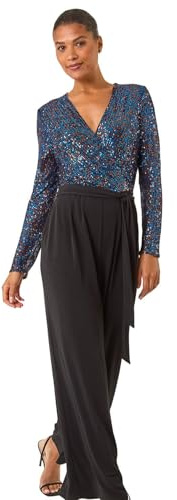 Roman Originals Sequin Wrap Bodice Jumpsuit for Women UK - Ladies Everyday Holiday Autumn Winter Pull-On Round Neck Short Sleeves Comfy Soft Evening Vacation Work - Royal Blue - Size 20